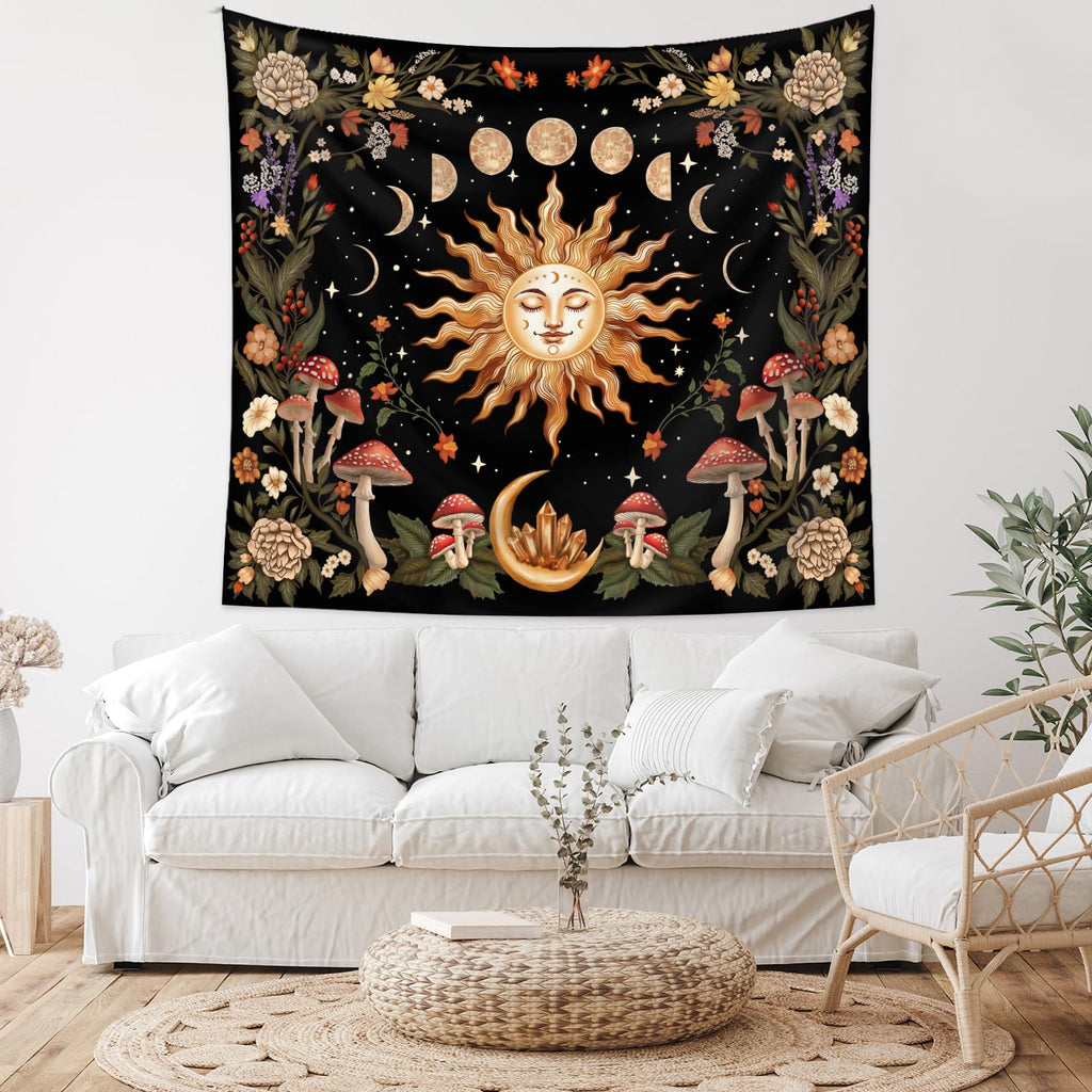 Burning Sun Wall Tapestry Moon Phase Tapestry Wall Hanging Witchy Room Decor Botanical Flowers Tapestries Aesthetic