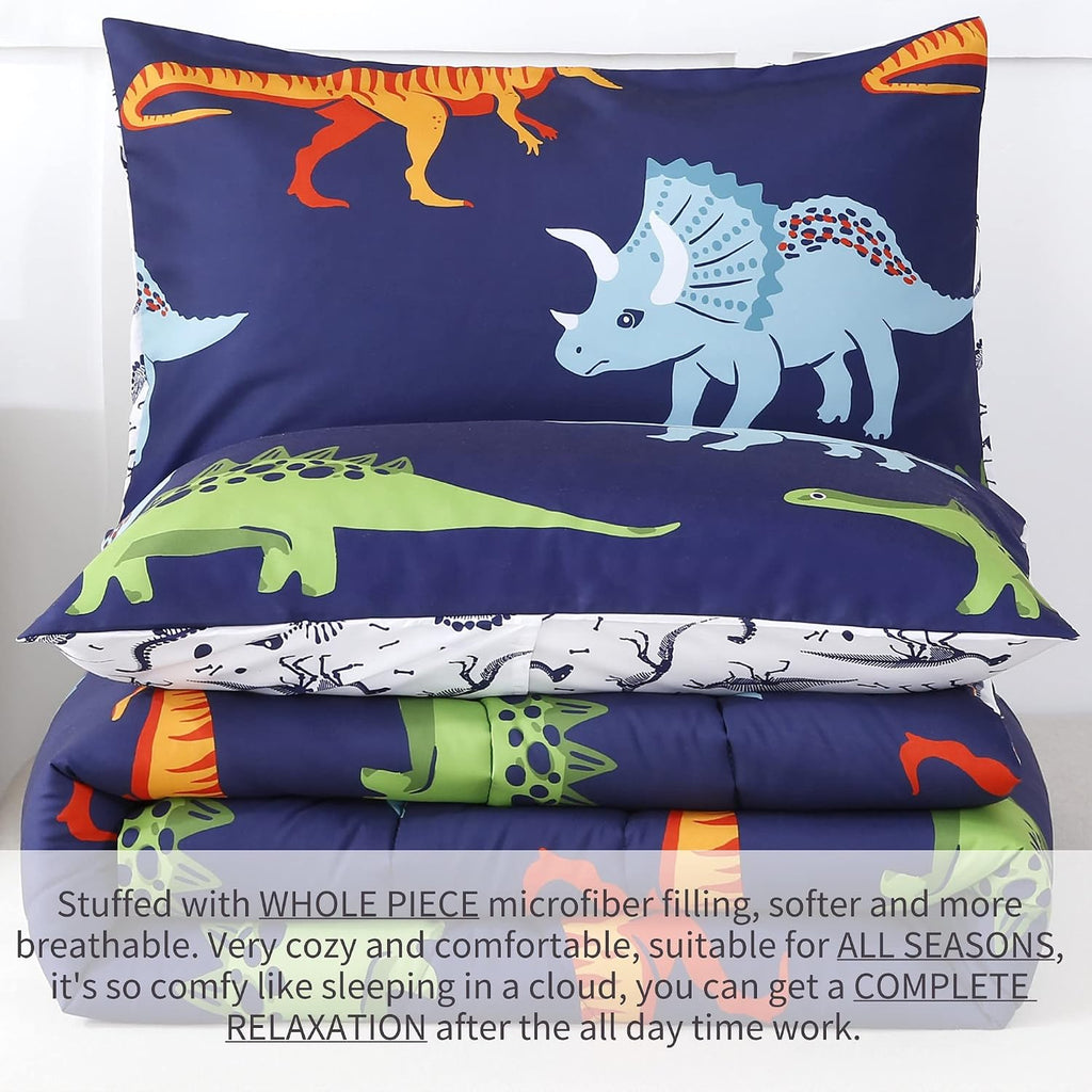 Cartoon Dinosaur Comforter Set, Dark Blue Dinosaur Kids Bedding Set for Boys, Dinosaurs Print Comforter Sets for