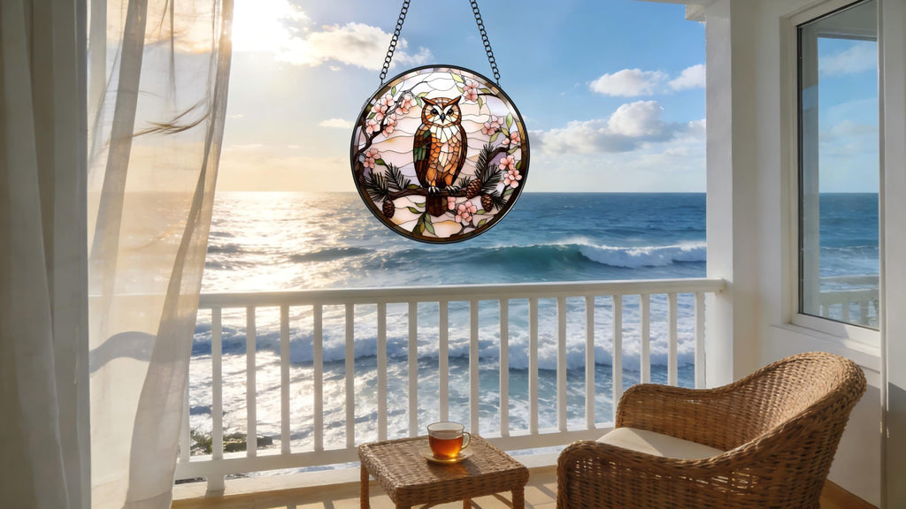 Stained Glass Window Hanging - The Owl is on The Branch of The Pine Tree 6.3 Inches Suncatcher for Garden Home Decor