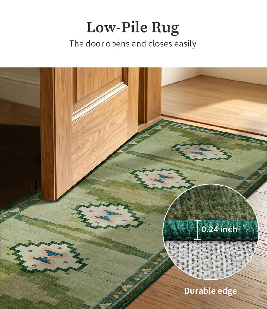 Washable Green Mid Century Modern Runner Rug