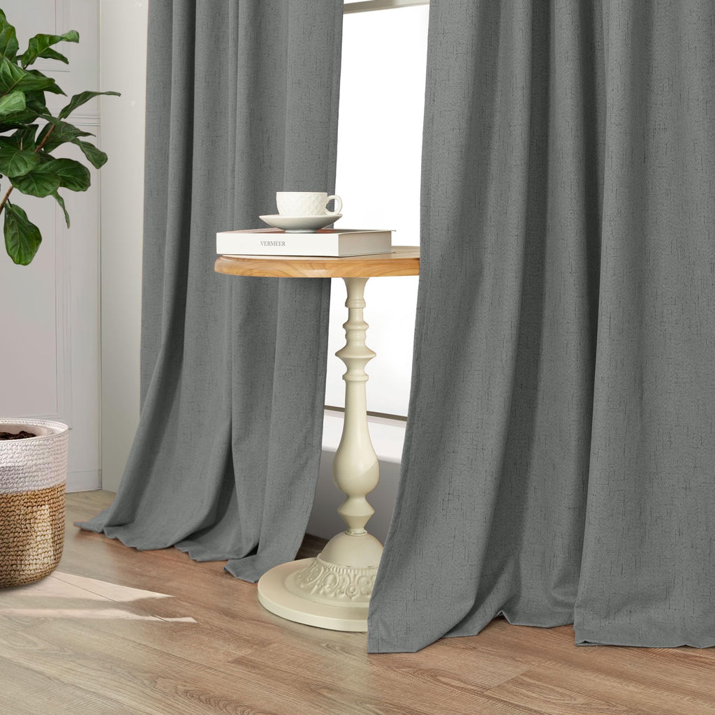 Dark Grey Thermal Curtains 54 Inch Length Thick Linen Textured Dining Room Darkening Blackout Insulated Insulating