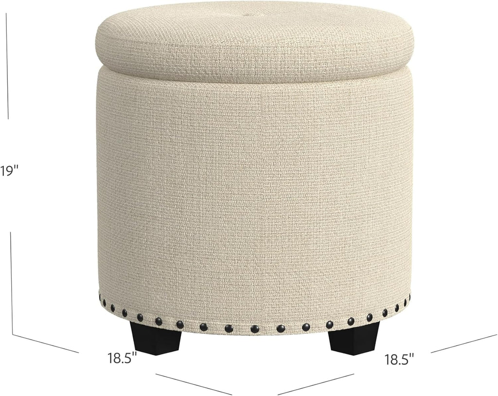 18.5" Round Storage Ottoman with Nailheads - Cream Woven