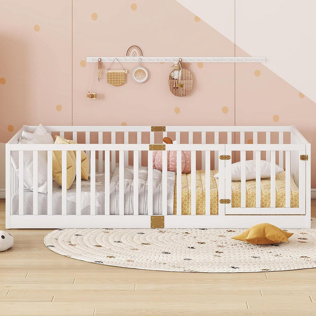 Twin Size Floor Bed with Slats and Door, Twin Size Montessori Floor Bed with High Fence, Low Profile Montessori Beds
