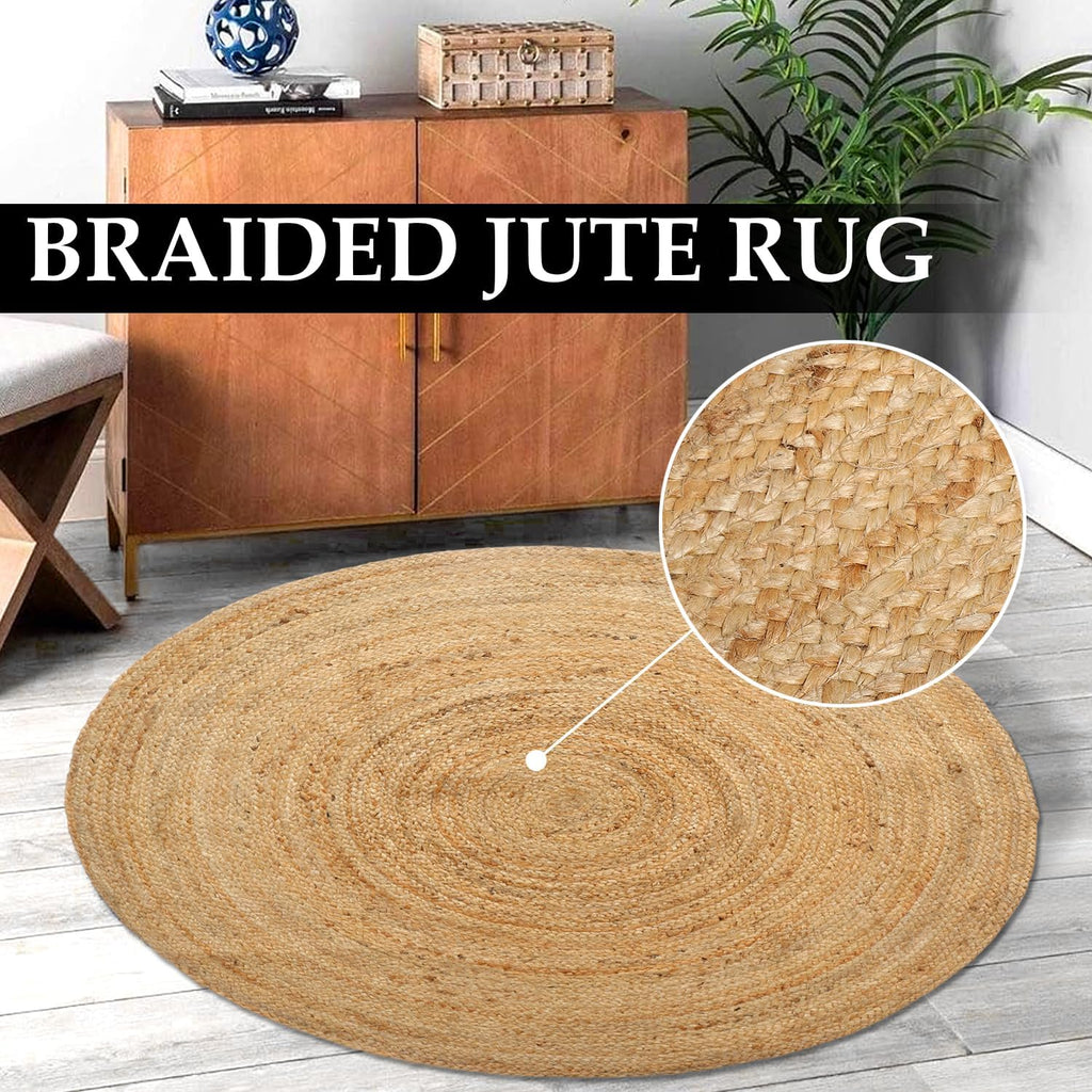 Hand Woven Jute Area Rug - Circle Boho Round Jute Rug 5 Foot | 5' Round - Rustic Beige Reversible Farmhouse Rugs