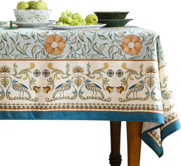 Designer French Linen Blue Tablecloth for Rectangle Table,Vintage Floral Table Cloth,Colorful Decora