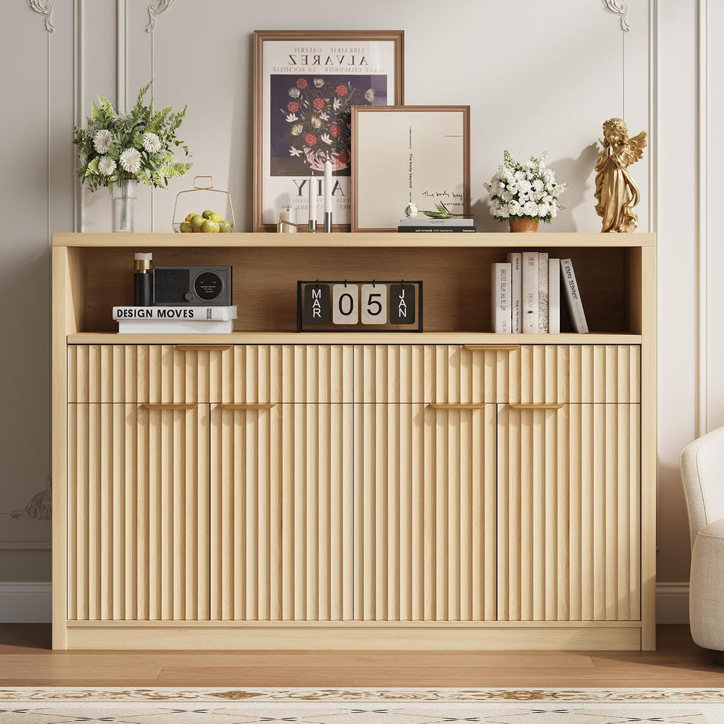 51" Buffet Sideboard Cabinet, Modern Hutch Storage Cabinets Natural | Fluted Pantry with Doors, Drawers & Open