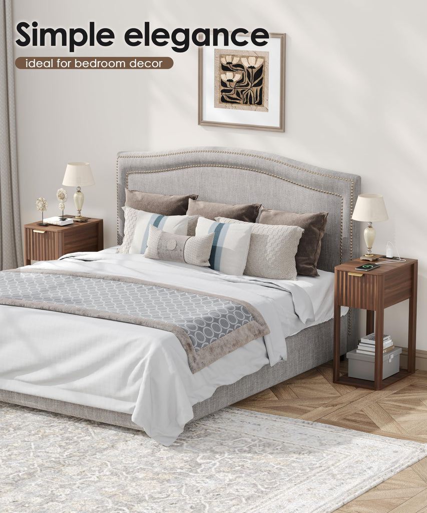 Narrow Nightstand Set 2 with Charging Station Fluted Table Walnut