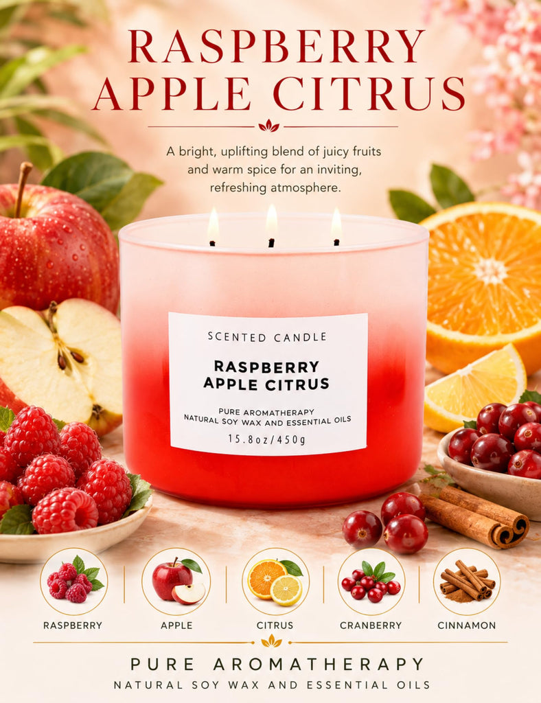 Raspberry Apple Citrus Scented Candle, Fruity 3-Wick Soy Candle, 15.8 Oz