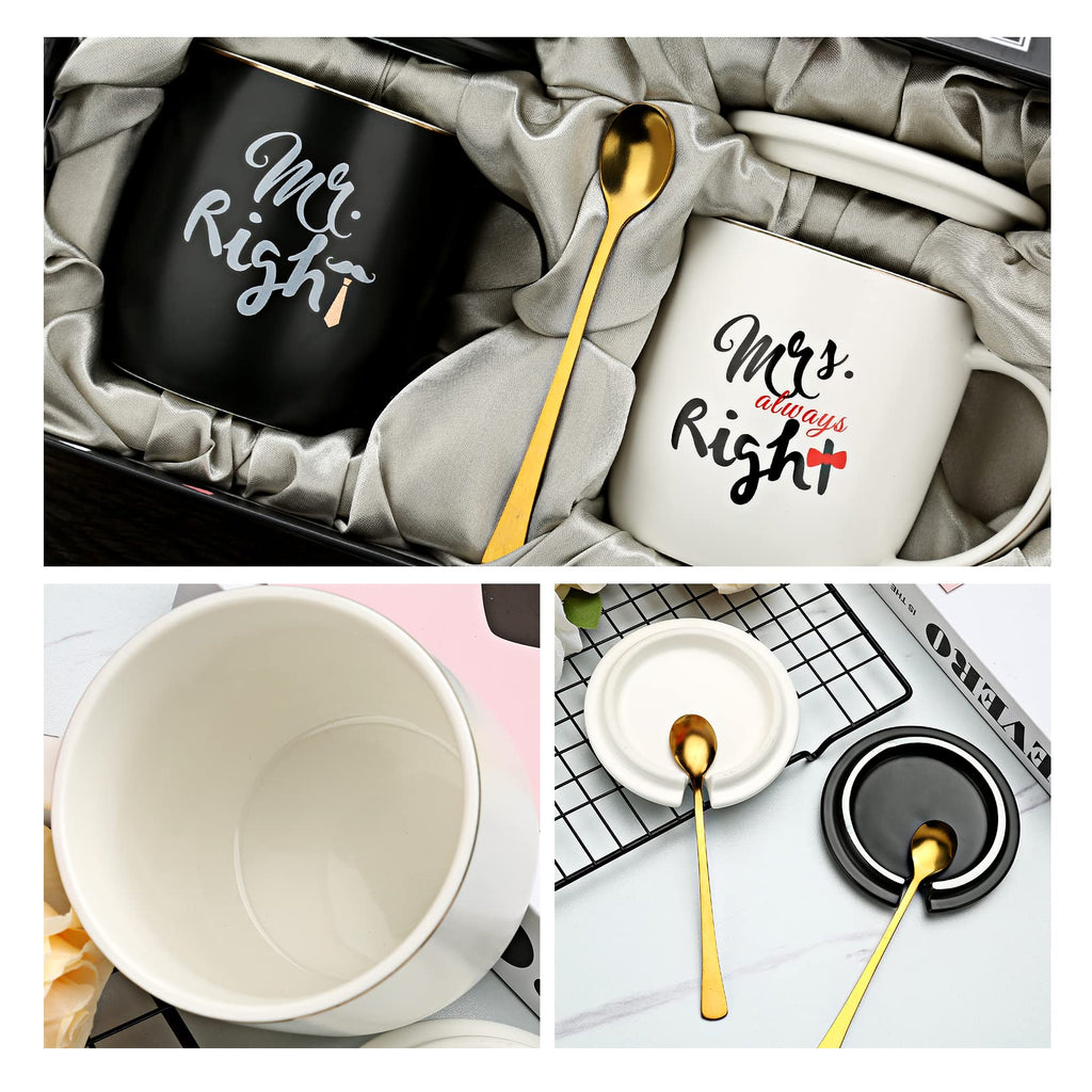 Wedding Gifts For Couples, Ceramic Mugs Set with Lids & Spoons