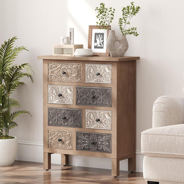 32'' Tall Wood Storage Cabinet with Drawers, Vintage Cabinet with Drawers, Freestanding Carved Accent Cabinet