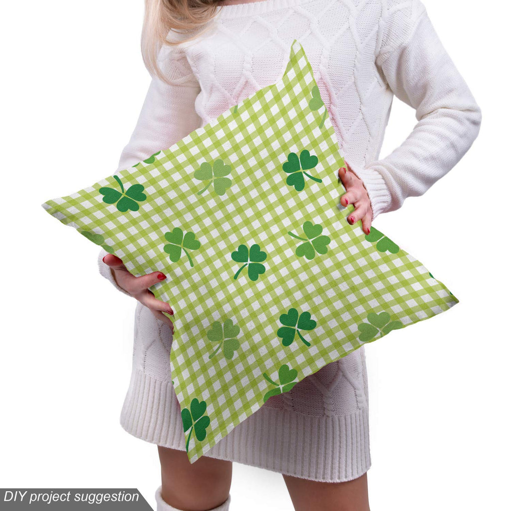 Irish Fabric by The Yard, Retro Classical Checkered Pattern with Green Shamrocks Clovers Garden Plants, Decorative