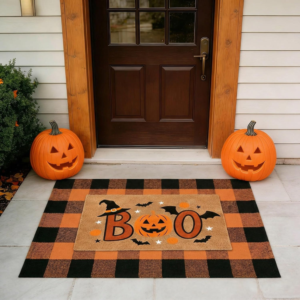 Halloween Layered Front Doormat Set, Boo! Natural Coco Coir Door Mat + 28"x43" Orange Black Buffalo Plaid Rug