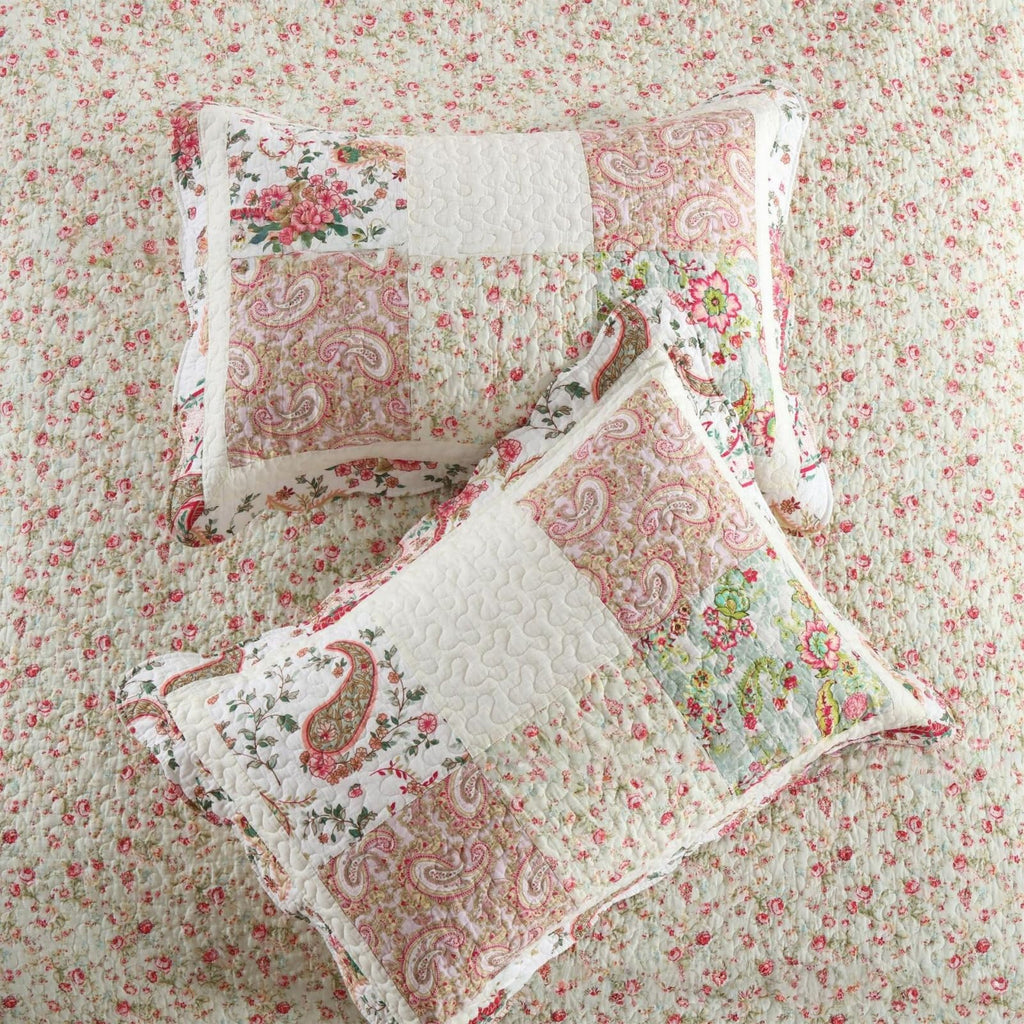 3 Pcs Cotton Paisley Patchwork Quilted Bedding Set Vintage Shabby Chic Botanical Rose Quilted Bedspread with Ruffle