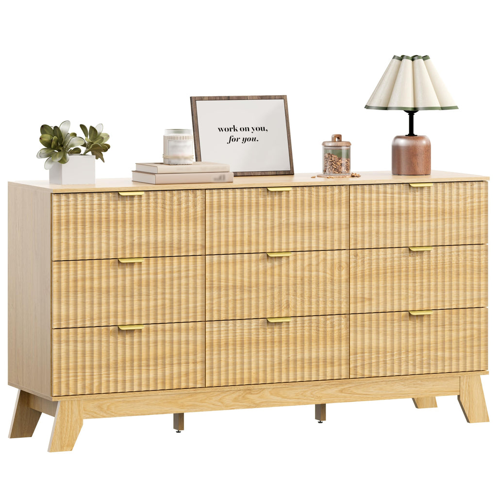 9 Drawer Fluted Dresser, Mid Century Modern Wooden Dresser with 9 Drawers, with Metal Handle, TV Stand & Storage