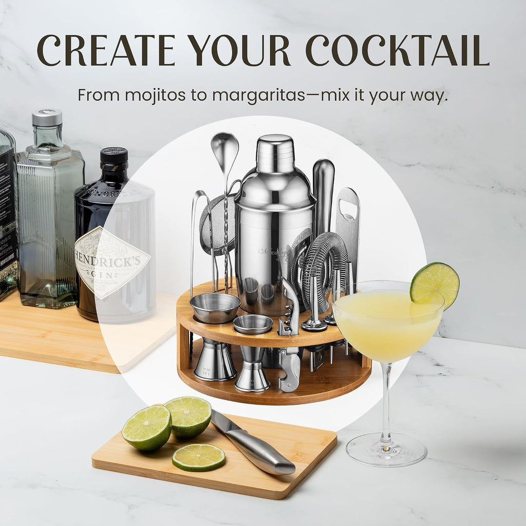 Bartender Kit - Cocktail Shaker Set with Bamboo Stand | Complete Cocktail Kit Gift Set | Top Bartender Gifts - Set of 15