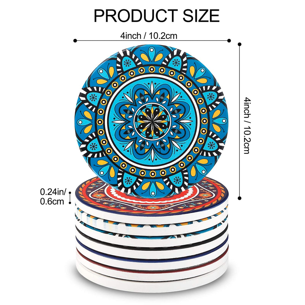 Coasters for Drinks, Set of 8 Absorbent Stone Coasters for Wooden Table, Mandala Ceramic with Cork Base, Gift warming