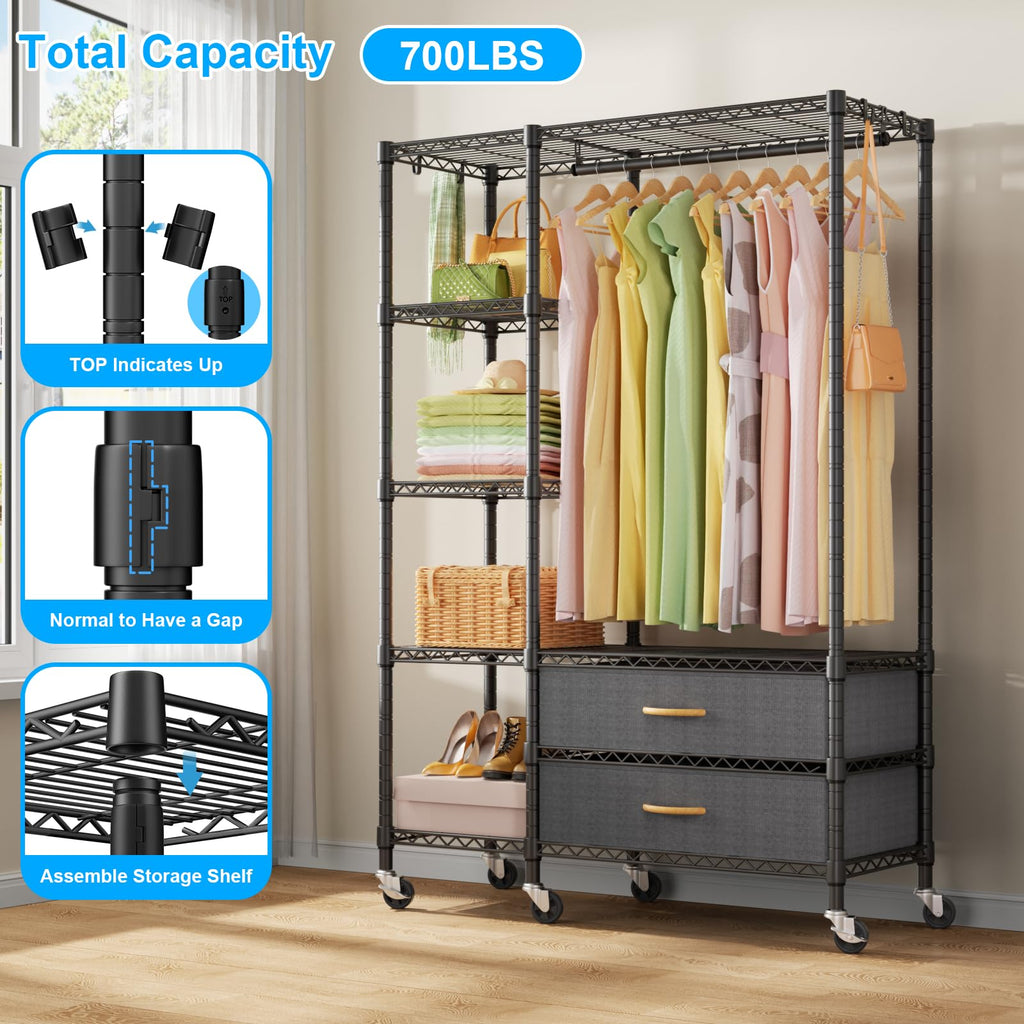F3R Heavy Duty Clothes Rack(With Lockable Wheels)Freestanding Clothing Racks for Hanging Clothes, Adjustable Closet