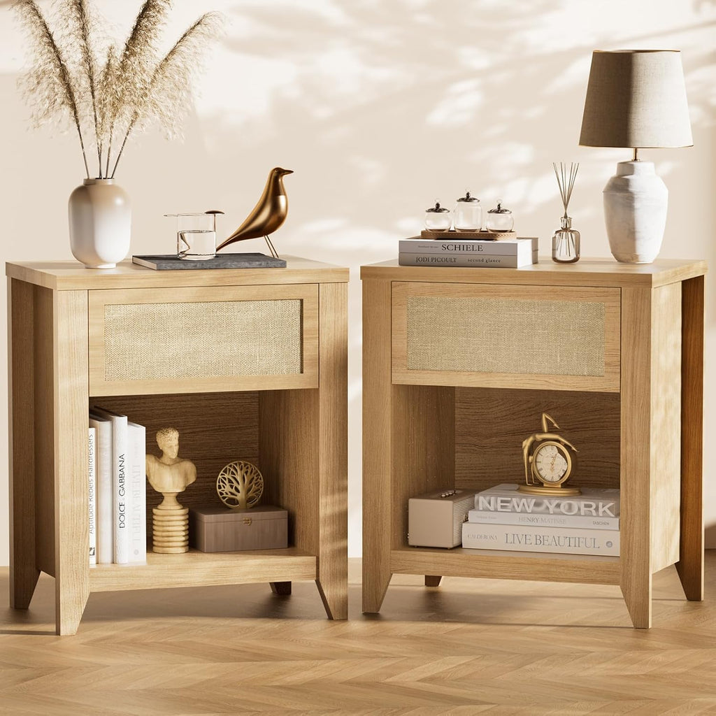 Boho Nightstands Set of 2, Farmhouse Night Stand Bedside Table with Drawer and Storage Shelf Rattan End Tables Side