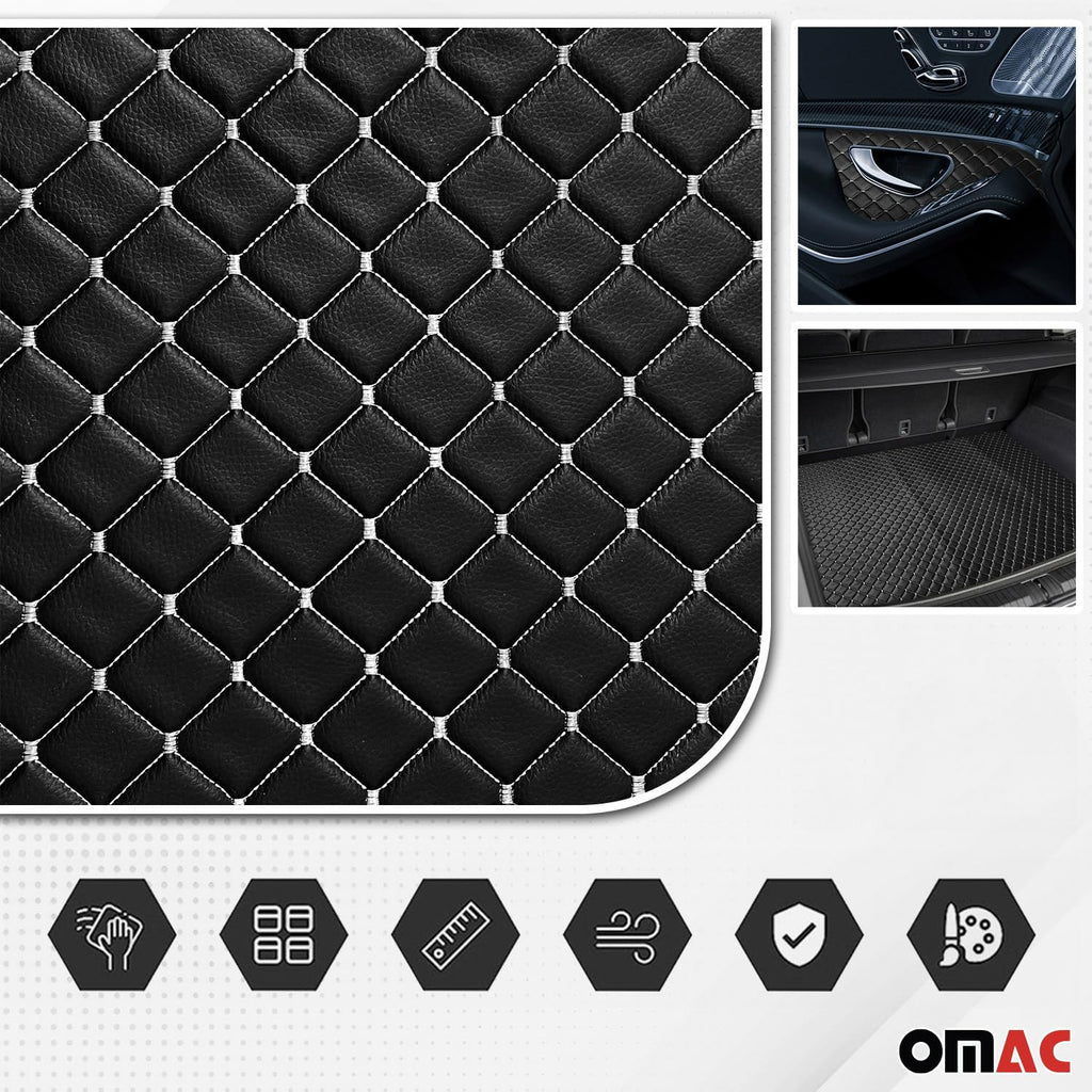Embossed Black Faux Leather White Diamond Stitch Car Upholstery Fabric 55"x39"