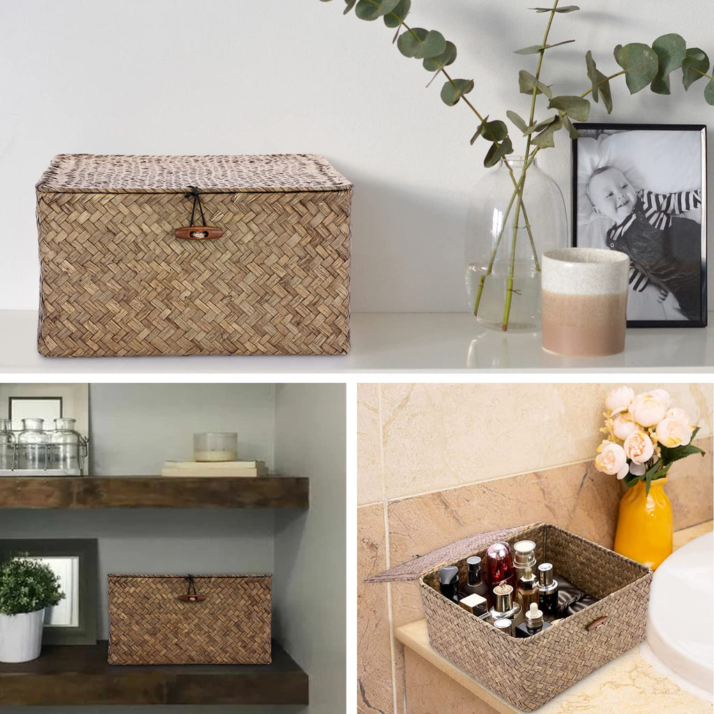 Small Wicker Shelf Baskets Handwoven Seagrass Storage Bin with Lid