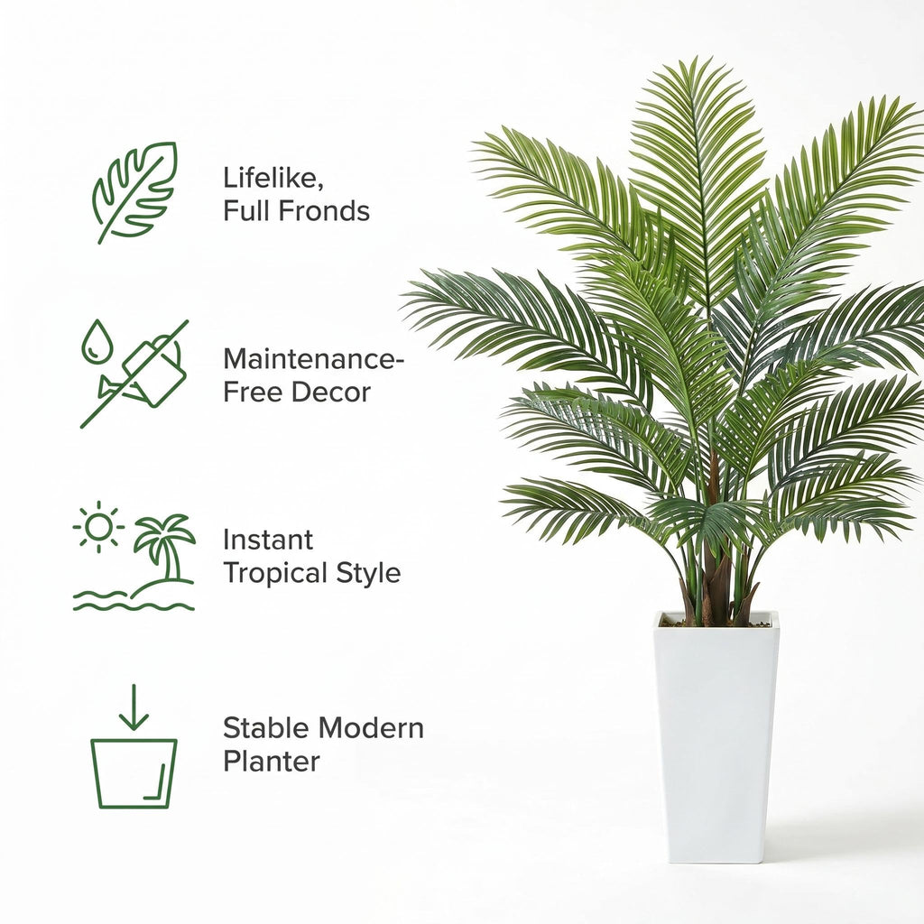 5FT Palm Tree Artificial with 19 Leaves, Lifelike Artificial Plants Indoor with White Tall Planter Outdoor