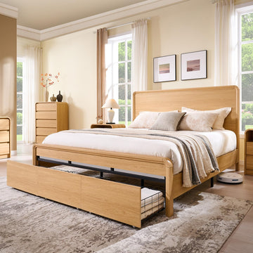 Modern King Size Bed Frame with 50" Tall Headboard, Natural Oak