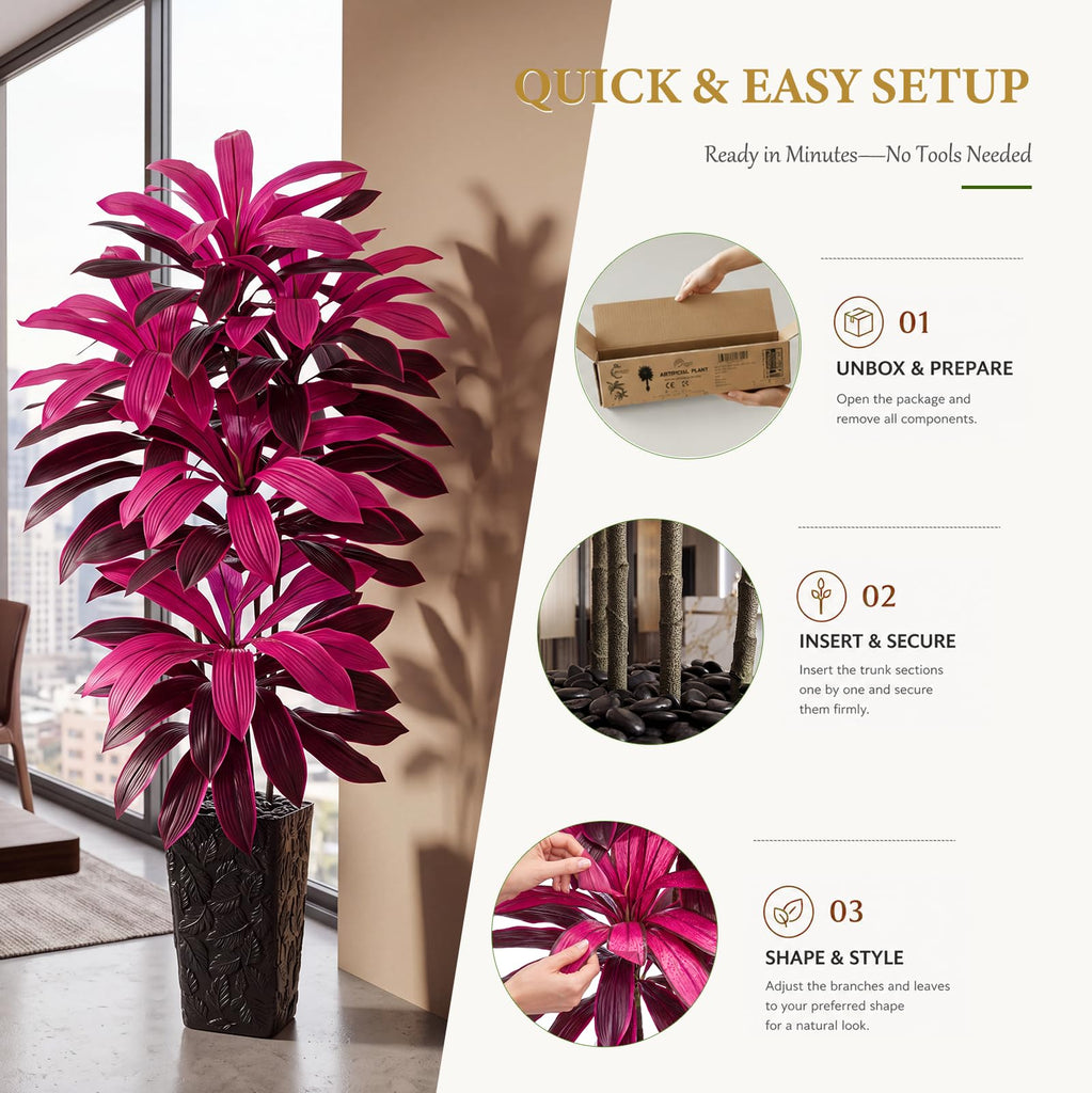Artificial Dracaena Tree Purple Red, 6FT Tall Plant Black Planter