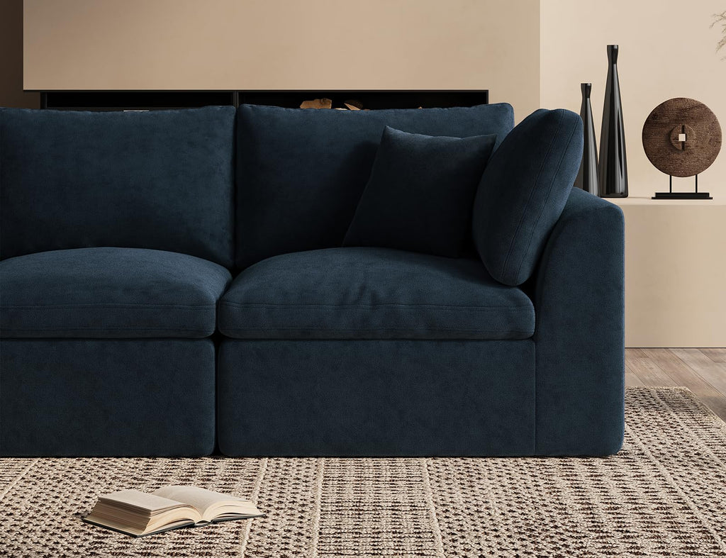110" Cloud Sectional Couches, Boneless L-Shaped Couch with Ottoman, Modular Sectional Sofa, Dark Blue