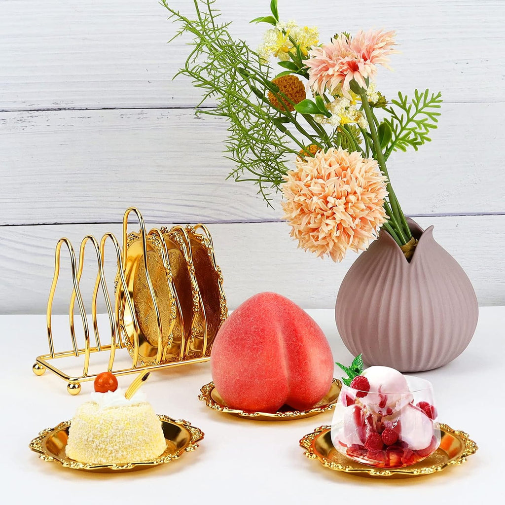 Round Decorative Drink Coasters, Gold Coaster Set with Holder Stand - Set of 6