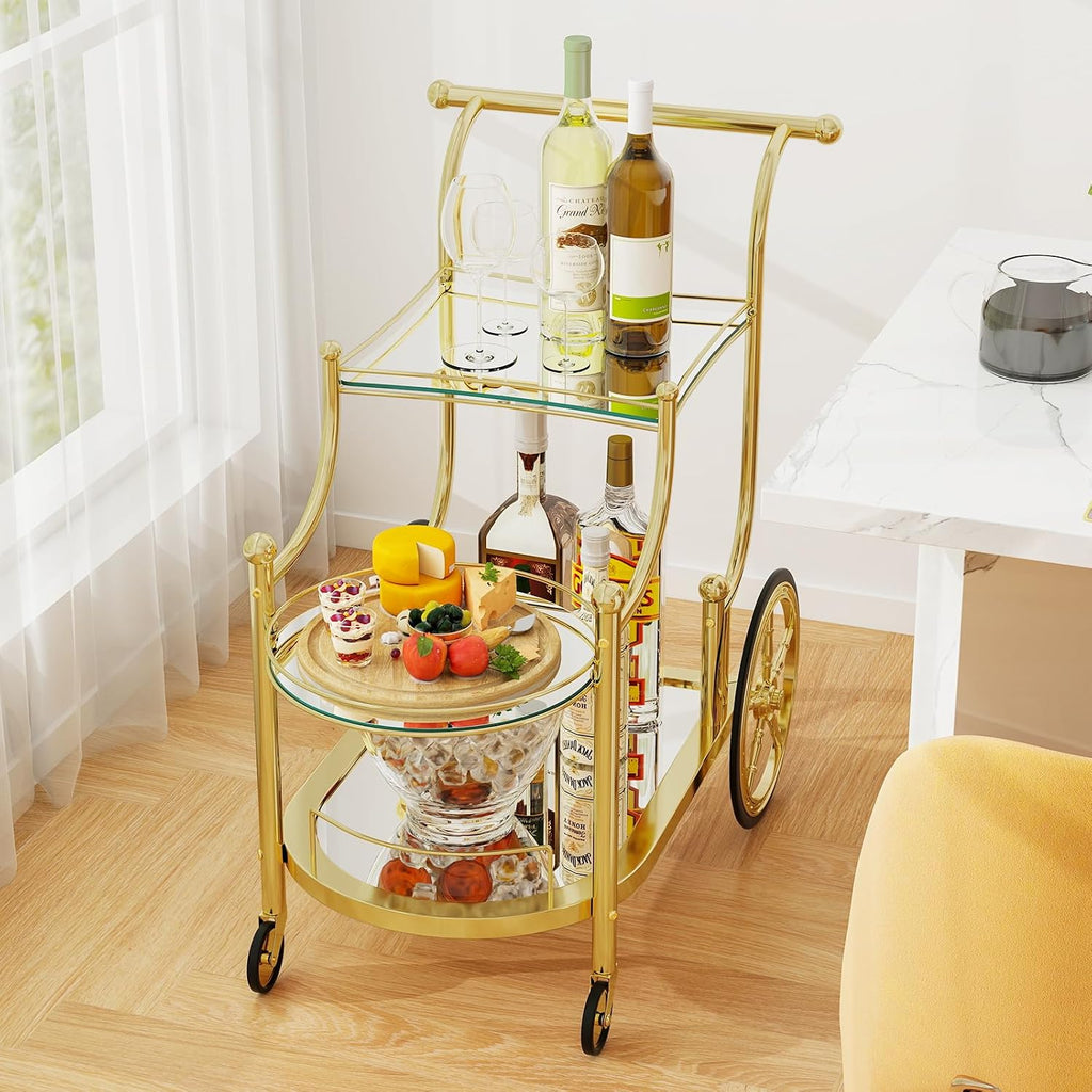 Rolling Bar Cart, Wine Tea Serving Cart with 3-Tier Shelf & 4 Wheels, Tempered Glass Bar and Serving Cart, Metal