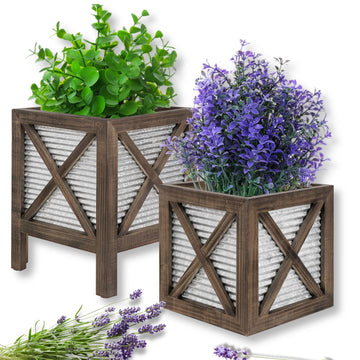 Front Porch Planters Set of 2, 15.7" & 10.2", Wood & Metal