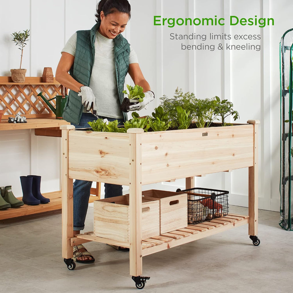 Raised Garden Bed 48x24x32-inch Mobile Elevated Wood Planter w/Lockable Wheels, Storage Shelf, Protective Liner