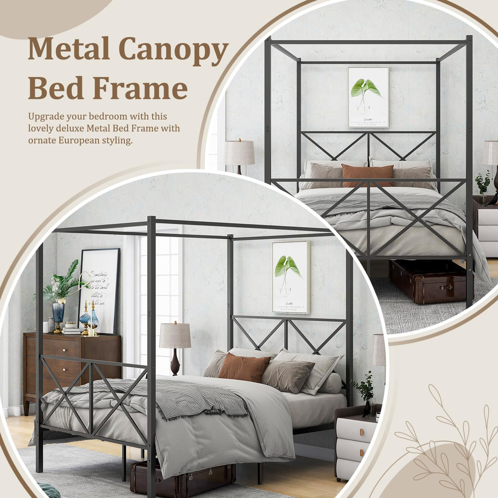 Full Canopy Bed Frame, Metal Canopy Beds with 4 Poster Design and Geometric Accented Headboard and Footboard, No Box