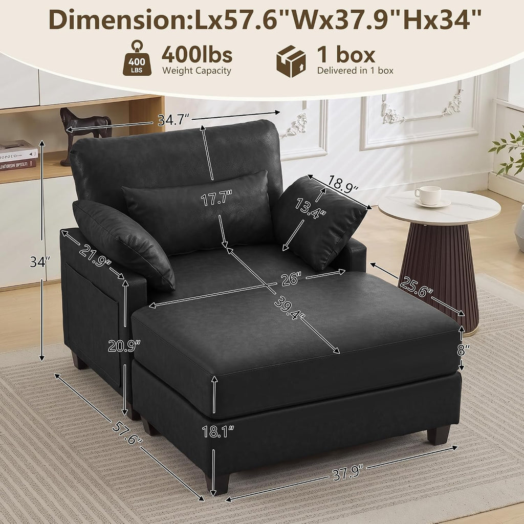 58" Oversized Faux Leather Chaise Lounge Chair Indoor, Mid Century Modern Accent Chair with Ottoman, Deep Seat Comfy