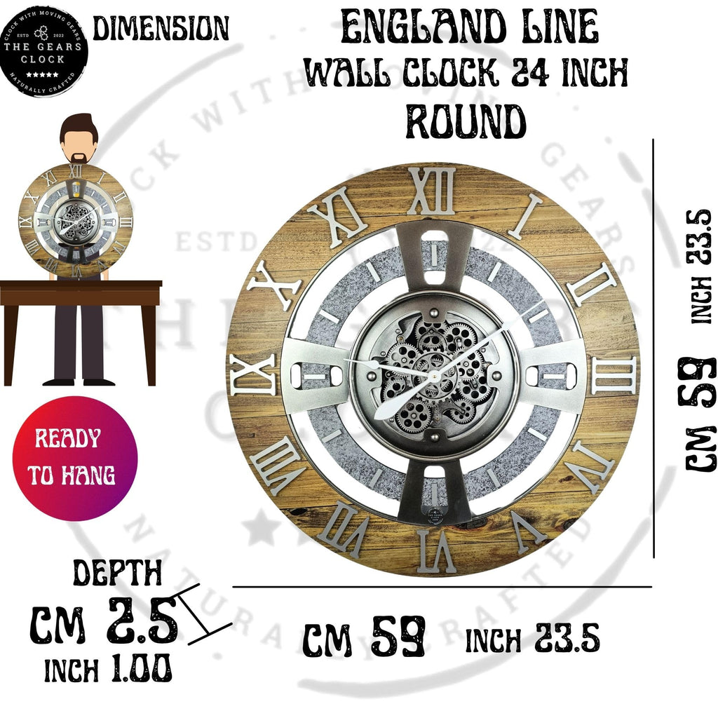 Real Moving Gear Wall Clock England Line (Silver Grey, 24 inches (60 cm))
