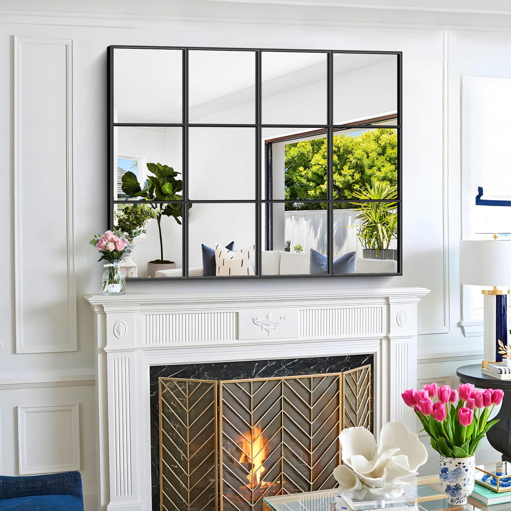 Rectangle Mirror Wall Mounted, 36"x48" Window Pane Mirror Wall Decor Metal Framed, Large Black Mirror Living Room