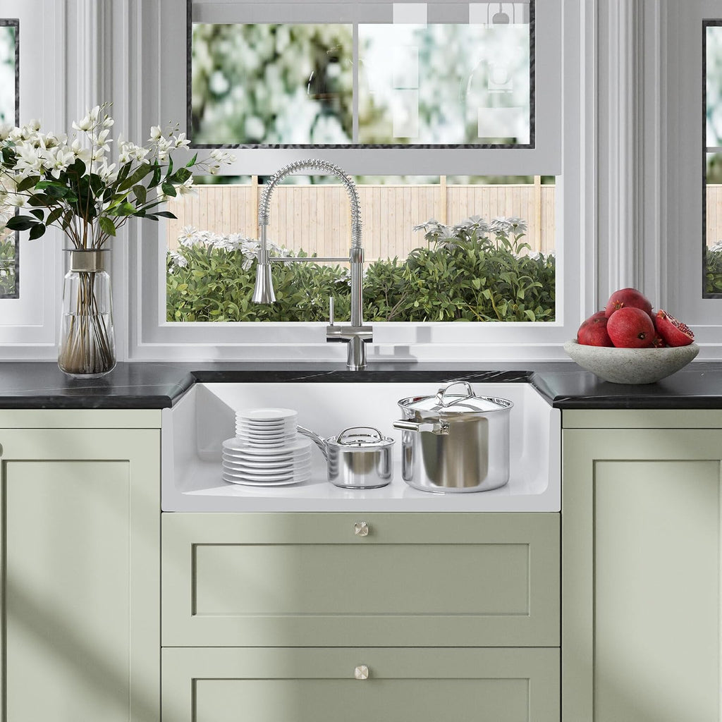Kitchen Sink 33 inch Single Bowl Apron Front Farmhouse Sink, Fireclay Ceramic Finish Kitchen Sinks, Central Drain