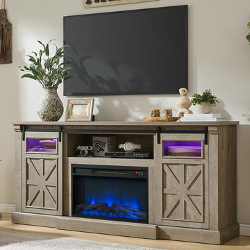 Fireplace TV Stand for up to 80 Inch TVs, 32'' Tall LED Entertainment Center with Electric Fireplace, Farmhouse TV