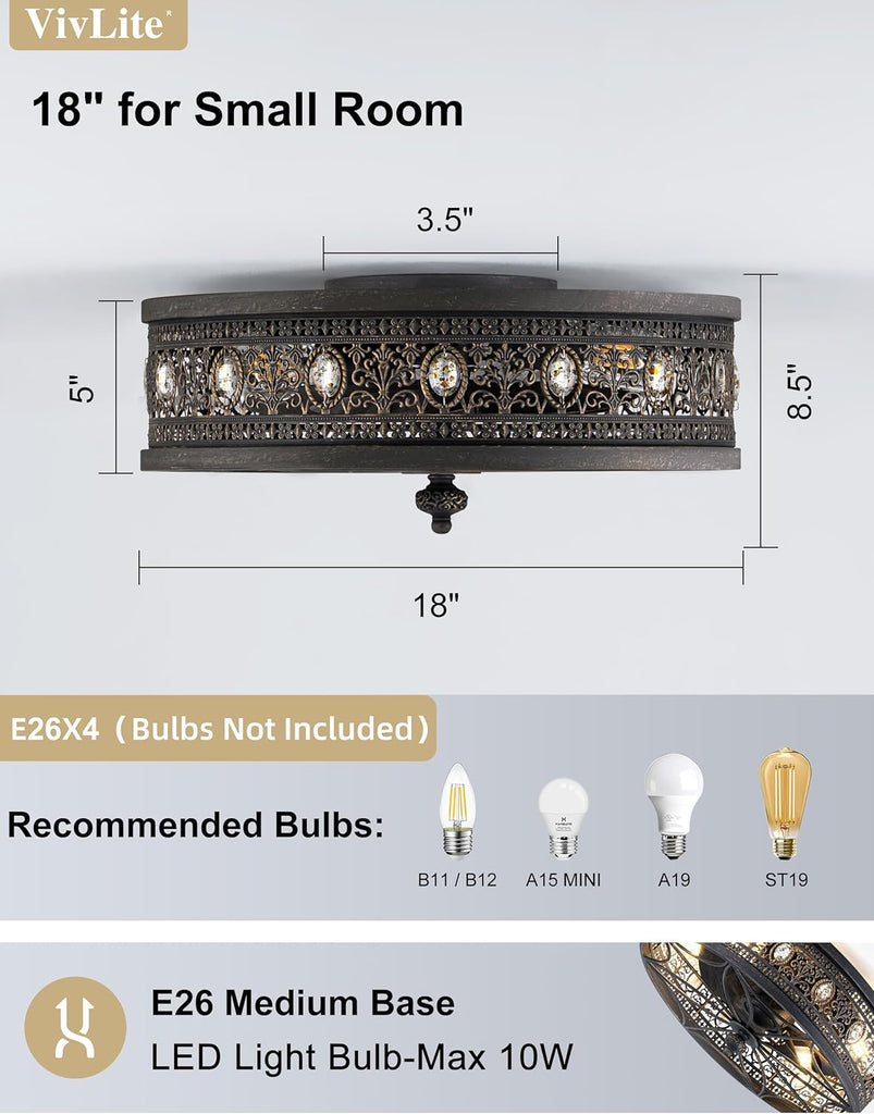Caged Ceiling Fans with Lights,Vintage Victorian Rustic Crystal Fandelier,Low Profile Flush Mount