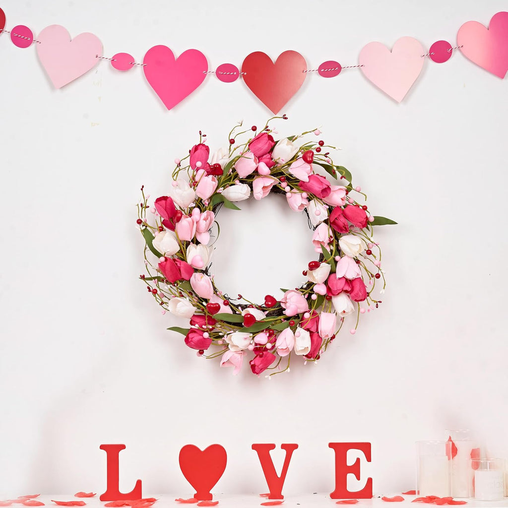 Valentines Day Decorations 20 Inch Valentine's Day Wreath Pink Valentine Wreaths for Front Door with Red Love Heart