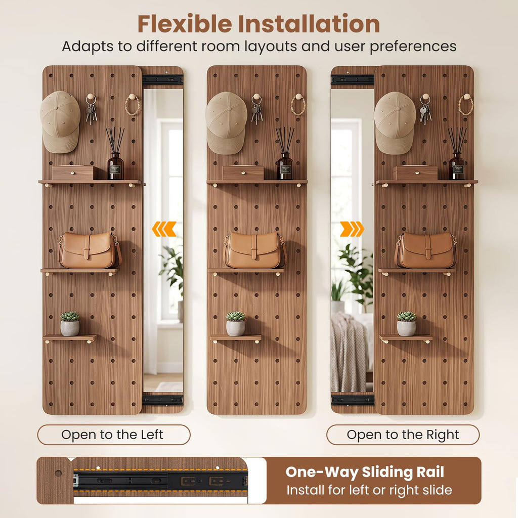 Full Length Mirror with A Pegboard, Shelf & Hooks for Storage,Walnut