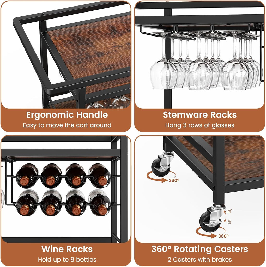 Bar Cart , 3 Tier Rolling Serving Carts with Wheels | Drink Cart, Liquor Stand with Removable Tray, Wine Rack and