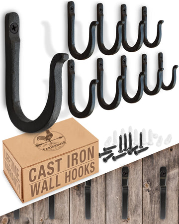 Railroad Spike Cast Iron Hooks (10 Pack) Handmade Blacksmith, Wall Mounted Farmhouse Decorative Hooks, PowderCoated