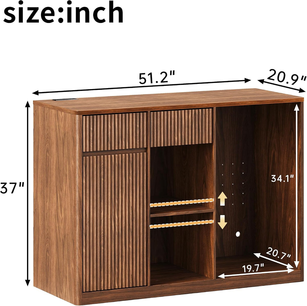51" Coffee Bar Cabinet with Fridge Space, Fluted Mini Fridge Cabinet with Storage/Charging Station, Wine Liquor