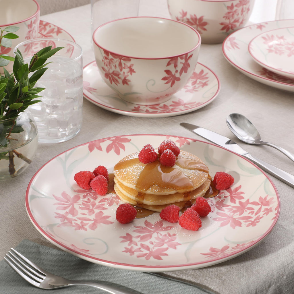 Admiral Hall 12-Piece Matte Stoneware Dinnerware Set - Dinner Plates, Salad Plates & Bowls with Pink Floral Pattern