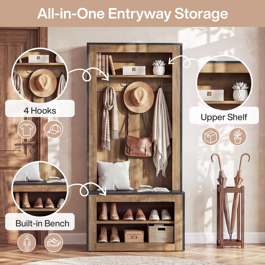Hall Tree with Shoe Storage Bench, Farmhouse Entryway Coat Rack
