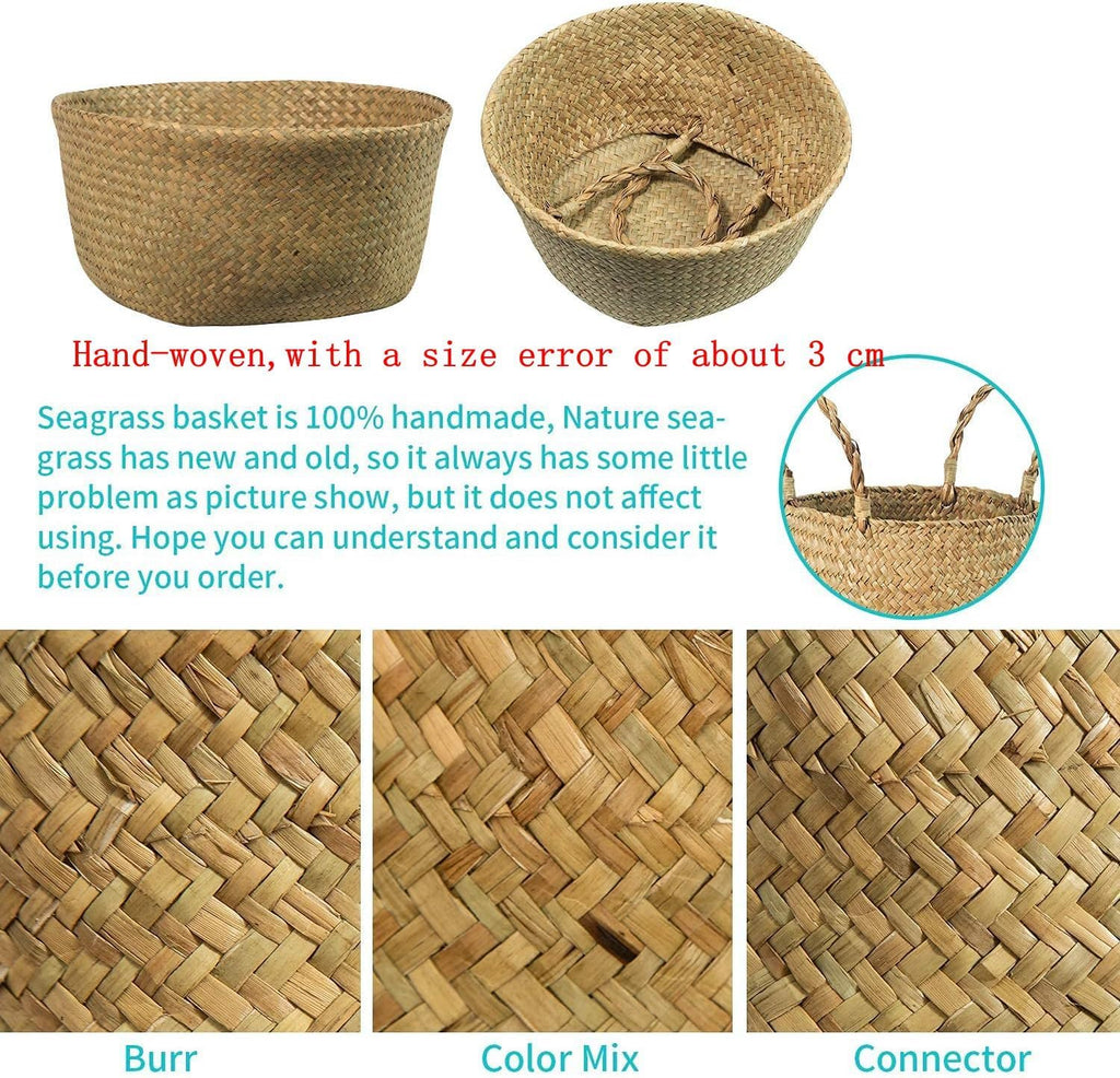 Seagrass Belly Basket, Set of 2 Woven Plant Pot Holder Handmade Home Decor for Storage Plants Picnic Grocery