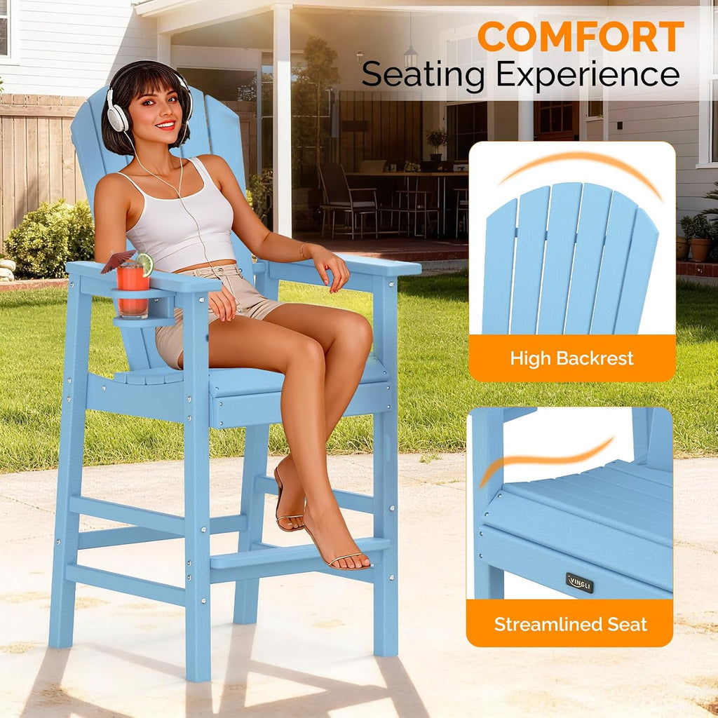 Tall Adirondack Chairs Set of 2, All-Weather Plastic Adirondack Chair with Cup Holders, Heavy-Duty HDPE Outdoor Bar