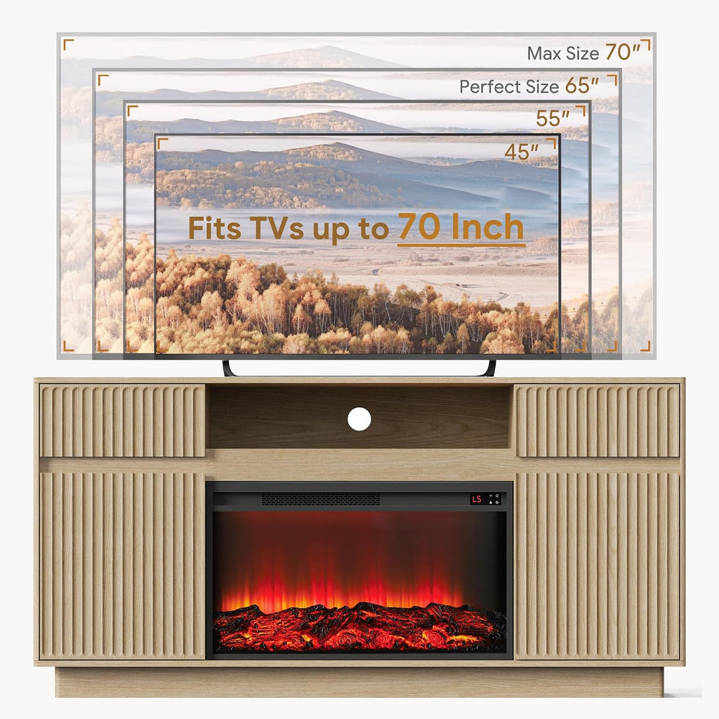 Fireplace TV Stand with 30" Electric Fireplace, Modern Fireplace Entertainment Center Fits TVs up to 70", Fluted Wood