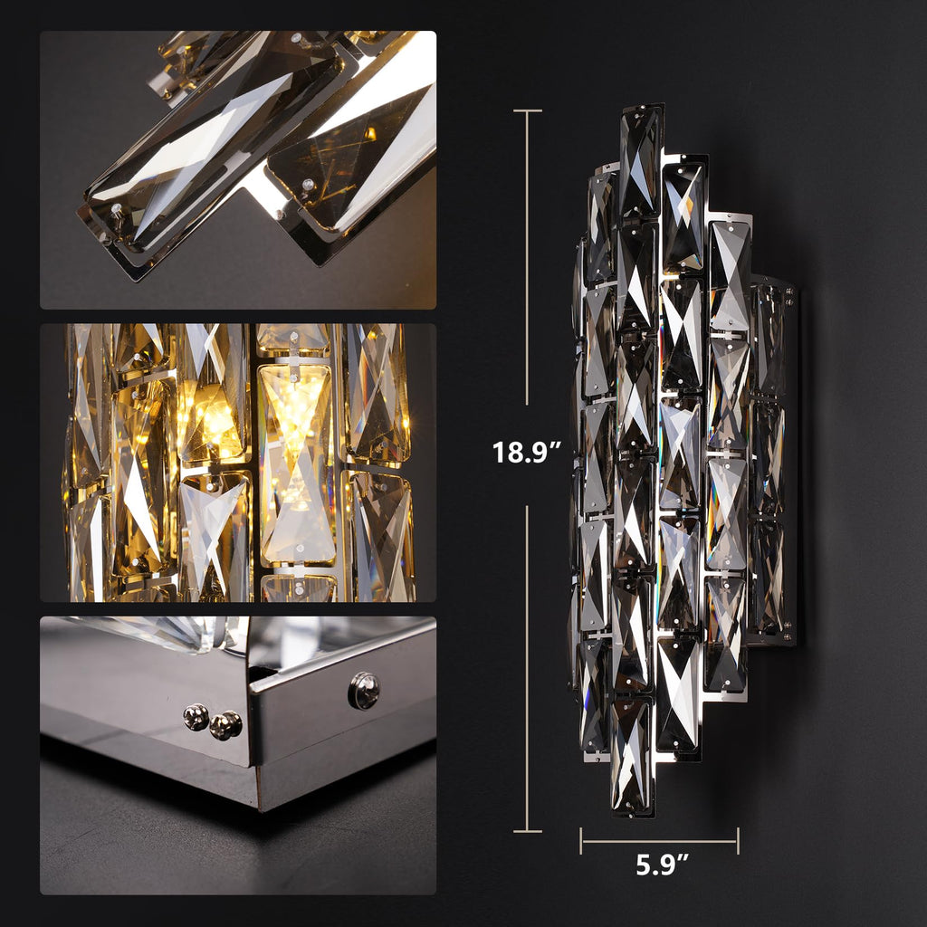 Crystal Modern Wall Sconces, Smoky Gray Wall Light Fixture for Luxury Indoor, K9 Vanity Wall Lighting for Bedside